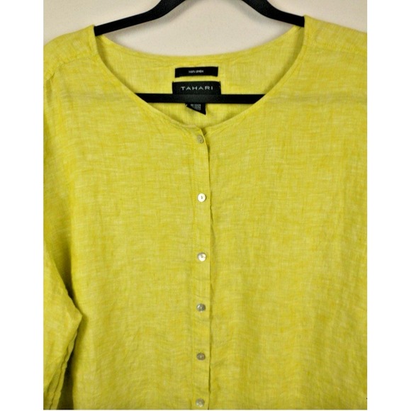 Tahari 100% Linen Button-Front Tunic Top Roll Sleeves Green Yellow Size 1X - Picture 3 of 7